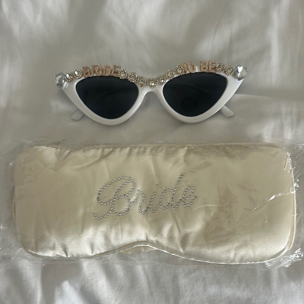 White and Gold Bride Sunglasses and Eye Mask Set